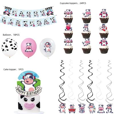 China Pasture 58Pcs CowsTheme Favorite Wacky Animal Birthday Party Decoration PAPER Kid's Birthday Party Pull Flag Balloon Cake Topper for sale