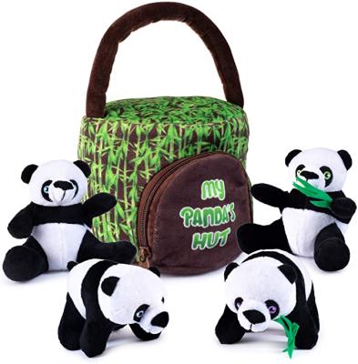 China Lovely Gift Design Cute Panda's Hut Plush Toys Set 4 Packs Small Soft Talking Panda Toys Stuffed Inside Hut For Baby Gifts for sale