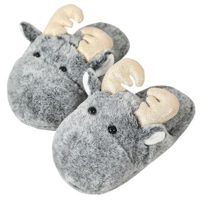 China Fashion Trend Free Sample Gray Moose Plush Animal Slippers With Plush Indoor Winter Antler Women Kids Shiny Warm Deer Slippers for sale