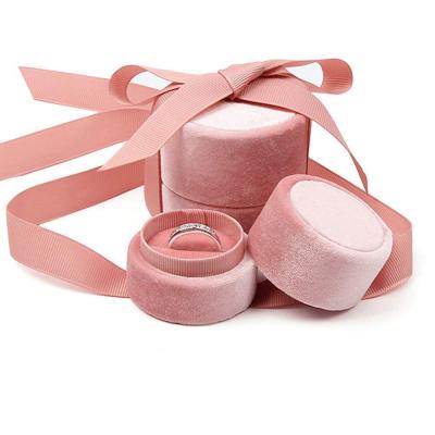 China Wholesale Custom Pink Round Gift Ring Box Velvet With Ribbon Ring Box Jewelry Boxes for sale