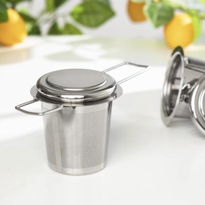 China Sustainable Fine Mesh Double Handle Gold 304 Stainless Steel Tea Infuser Strainer Basket for sale