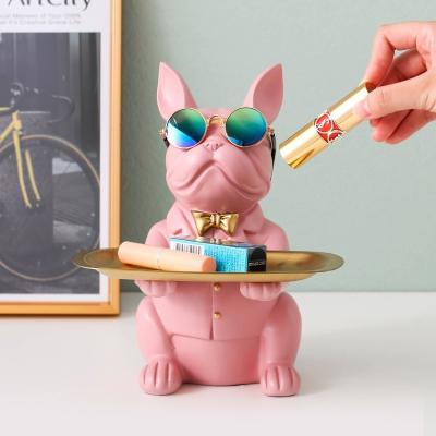 China Other Nordic style home decoration Resin BullDog Crafts with Tray Stand Decor Resin Statue for sale