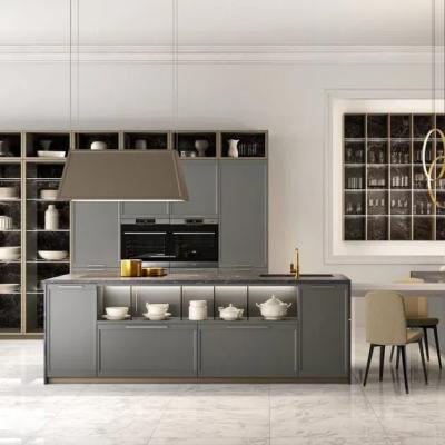 China Custom Modern Modular Melamine Kitchen Cabinet with island Matt Quartz Gray Lacquered Wooden Kitchen Cabinets for sale