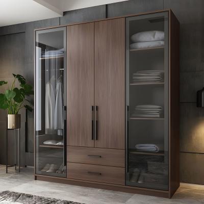 China Custom Modern Freestanding Wardrobe with Self Close Drawers Brown Wooden Glass Door Swing Wardrobe for sale