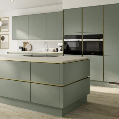 China Modern Matt Handleless Green Kitchen Design Unit Cabinet Door Modular Lacquer Kitchen Cabinet for sale