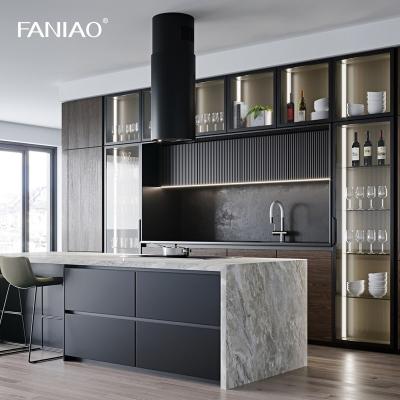 China Modern Simple Design Glass Door Kitchen Furniture Popular Luxury Wood Grain Kitchen Cabinets For Villa for sale