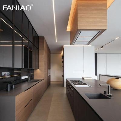 China Modern Black Gloss Melamine Kitchen Cabinets with Panel Hinge Faucet Drawer Basket Villa Kitchen Cabinets for sale