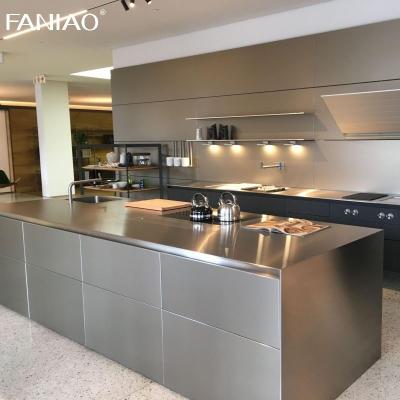 China Customized Aluminum Simple Design Full Set Modern 304 Stainless Steel Kitchen Cabinet With Island for sale