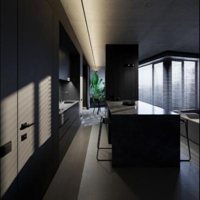 China Apartment Black Wood Grain Kitchen Cabinets Melamine Dark Grey Wood Grain Kitchen Cabinets for sale