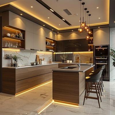 China Factory Custom Design Stainless Steel Island Kitchen Cabinets Solid Wood Carcass Kitchen Furniture Cupboards with LED Light for sale