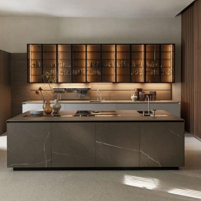 China Luxury Quartz Countertops Kitchen Cabinets Complete Contemporary Glass Door Wall Cabinets Kitchen Design for sale