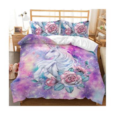 China High Quality Sublimation Girl's Favorite Cute Pink Folded Unicorn Bedspread Bedding Set Decoration 3 PCs Bedspreads Cases for sale