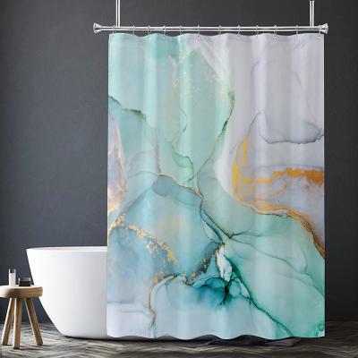 China Durable Bule Material Hotel Quality Bathroom Shower Curtains Heavy Duty Fabric And White Printed Bathroom Curtain With Hooks for sale