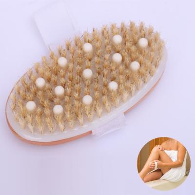 China EXFOLIATE Natural Oval Boar Bristle Adjustable Strap Shape Wooden Bath Body Brush For Shower Massage for sale