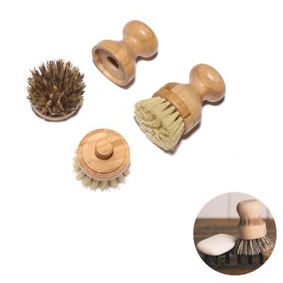 China Sustainable Portable Natural Sisal Fiber Palm Bristle Pot Cleaning Brush With Detachable Brush Head for sale