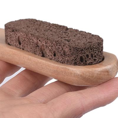 China All Natural Volcanic Stone Massage Brush Wooden Handle Scrub Foot Stone Wash Rubbing Pumice Bath Stone for sale