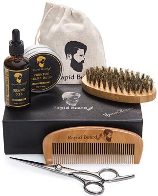 China Healthy Most Popular Beard Grooming Kit Beard Oil Beard Balm Scissors Straighten Brush Wood Comb Set for sale