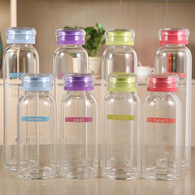 China Sustainable Fashionable Slim High Borosilicate Glass Water Bottle With Colored Lids for sale