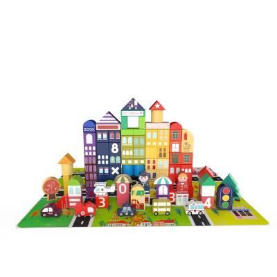 China Building Toy Wooden Urban Street Building Block for Kids Natural Solid Wood Blocks Set Matching Shape Recognition Toys for Baby 12 3 4years for sale