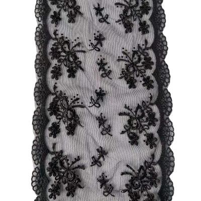 China 17cm Mesh Embroidery Lace Flower Embroidered Polyester Viable Black Lace Nylon Voile Fabric for sale