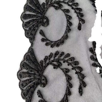 China 17.5cm Mesh Embroidery Lace Flower Embroidered Polyester Viable Black Lace Nylon Voile Fabric for sale