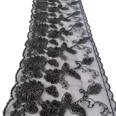 China 12cm Mesh Embroidery Lace Flower Embroidered Polyester Viable Black Lace Nylon Voile Fabric for sale