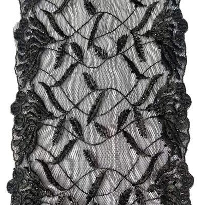 China 17.5cm Mesh Embroidery Lace Flower Embroidered Polyester Viable Black Lace Nylon Voile Fabric for sale