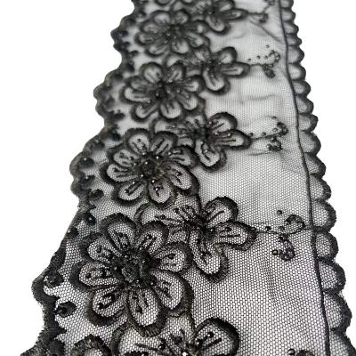 China 11.5cm Mesh Embroidery Lace Flower Embroidered Polyester Viable Black Lace Nylon Voile Fabric for sale