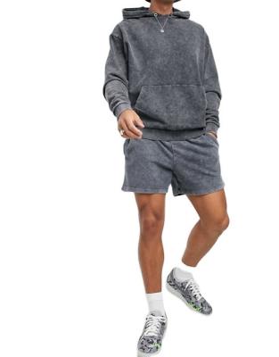 China RONGHE Anti-Wrinkle Casual Acid Wash Pocket Drawstring Hoodie And Elastic Waist Side Pockets Shorts Men Set for sale