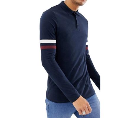 China 100%cotton rhesus button placket contrast anti-wrinkle stripe casual custom wholesale navy long sleeve polo shirt men for sale