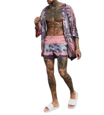 China Anti-wrinkle satin landscape palm print coordination pink kimonos beach shoulder pockets shorts set men summer T-shirt open front drop side wear for sale