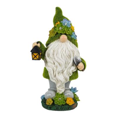 China With Artificial Moss Covered New Design Outdoor Garden Decor Artificial Moss Finished Polyresin Gnome Statue With Solar Light for sale