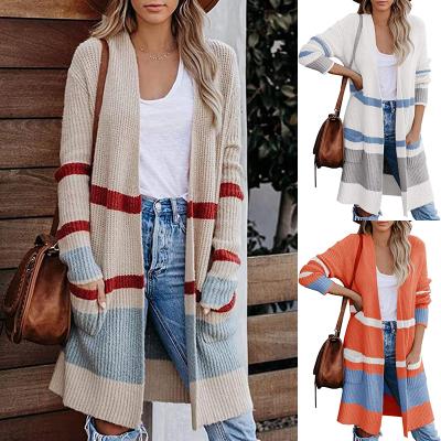 China Anti-wrinkle Women's Tank Top Women's Striped Open Front Two-Pocket Long Sleeve Loose Tunic Knitted Cardigan Sweater Coat for sale