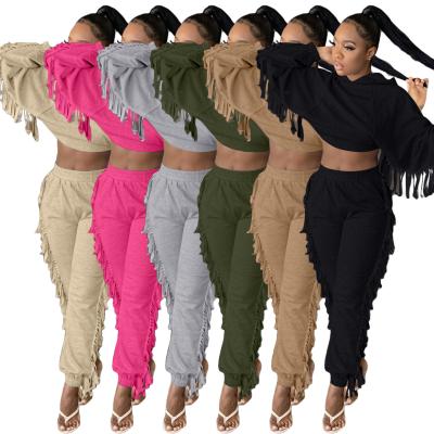 China Anti-pilling 2021 Winter 2 Piece Sets Hoodie Tracksuit Set Fashion Laides Suit Women Fringe Pants Two Piece Set for sale