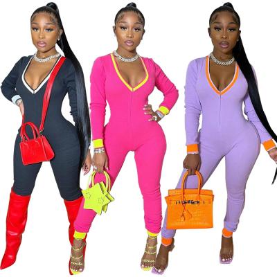 China 2021 Womens Overalls Anti-pilling Overalls Warm Up Solid One Piece Tracksuit V-Neck Long Sleeve 1pc Overalls Fitness for sale