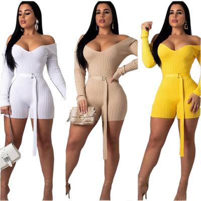 China Anti-pilling Solid Color Long Sleeve Off The Shoulder Jumpsuit Shorts Women Playsuit One Piece Ribbed Romper With Belt for sale