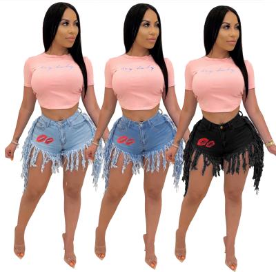 China Breathable tassel denim shorts 2021 summer women lips print stretch jeans shorts with fringe tassels for sale