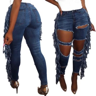 China New High Quality Breathable Stylish Women's Big Hole Ripped Long Jeans Denim Pants With Long Side Fringe for sale