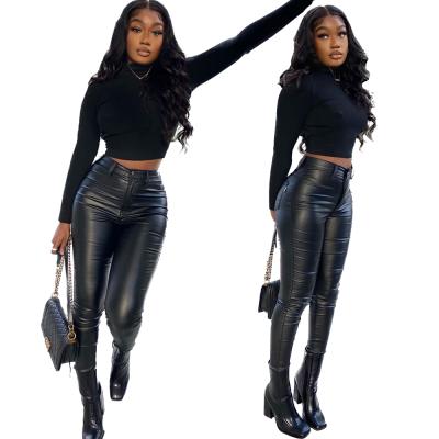 China Anti-wrinkle 2022 New Arrivals Women Fashion Black Skinny Tight Stretch PU Leather Jogger Pants Popular Women's Faux Leather Pants for sale