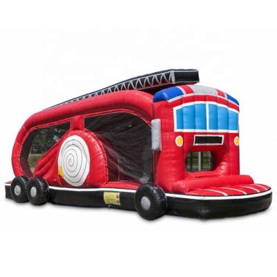 China Entertainment 8m Mini Outdoor Firefighter Theme Obstacle Course Race Car, Inflatable Fire Truck Obstacle Challenge For Sale for sale