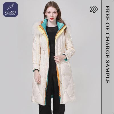 China YuFan ODM New Arrival Women's Hooded Winter Multi Color Fur Waterproof Contrast Long Duck Down Jacket Ladies Office White Down Crystal Jacket for sale