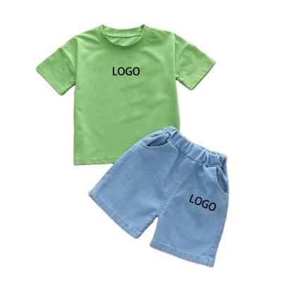 China Anti-pilling hot new style leisure wear round collar 100%cotton kids denim shorts kids wear girls boys baju anak suit T-shirt pants for sale