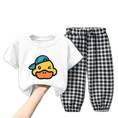 China 2022 New Cartoon Smart Casual Children's Short Sleeve Plaid Pants Suit Duck Cute Cartoon Children's Girls Boys Girls Kids Clothing Sets Children To Wear for sale