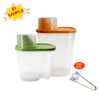 China Plastic Rice Dispenser Grain Cereal Box Food Storage Container Dried Dry Excavating Dispenser With Measuring Cup for sale