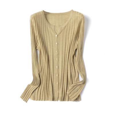 China Anti-Wrinkle Hot Elegant Spring Summer Buttons Lady Knit Sweater Front Long Sleeve Round Neck Cardigan for sale