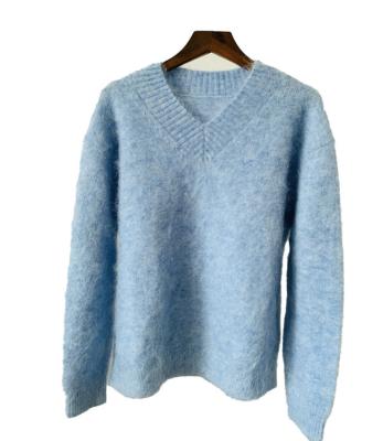 China Anti-wrinkle classic design knit pullover v-neck knitwear long sleeve thick blue mohair sweater for sale