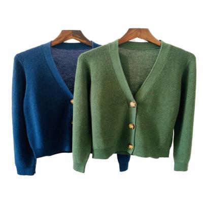 China 2022 Anti-Wrinkle Plain Wholesale Knitwear Thin V-Neckline Buttons Long Sleeve Women Cardigan Sweater for sale