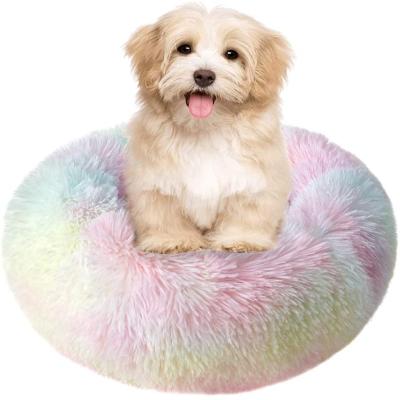 China Wholesale Removable Blanket Thick Plush For Deep Sleep Colorful Faux Fur Luxury Round Donut Dog Bed for sale