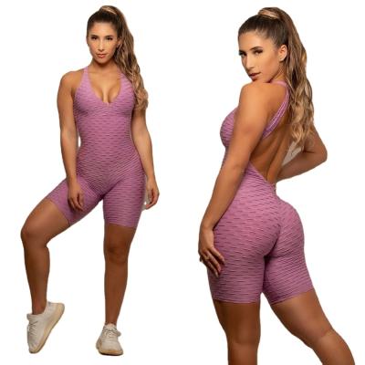 China 2021 Custom Logo One Piece MOQ 1 Piece Antibacterial Yoga Clothing Women's Sports Suits Set Workout Gym Jumpsuit Pants for sale