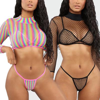 China Mesh Bikini Long Sleeve Swimwear Anti-UV Hollow Out 3 Piece Swimsuit for sale